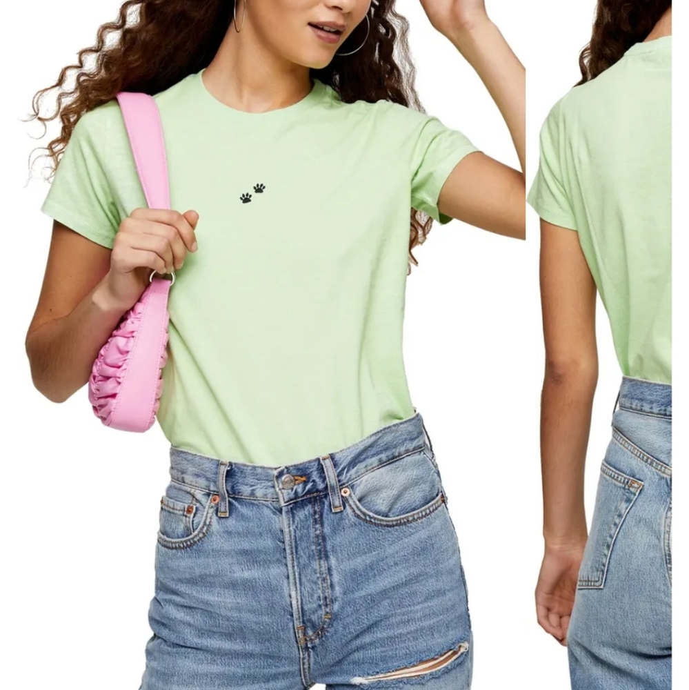 Top Shop Women's Paw Print T-shirt Green Size 2 & Size 6 Shirt Cute